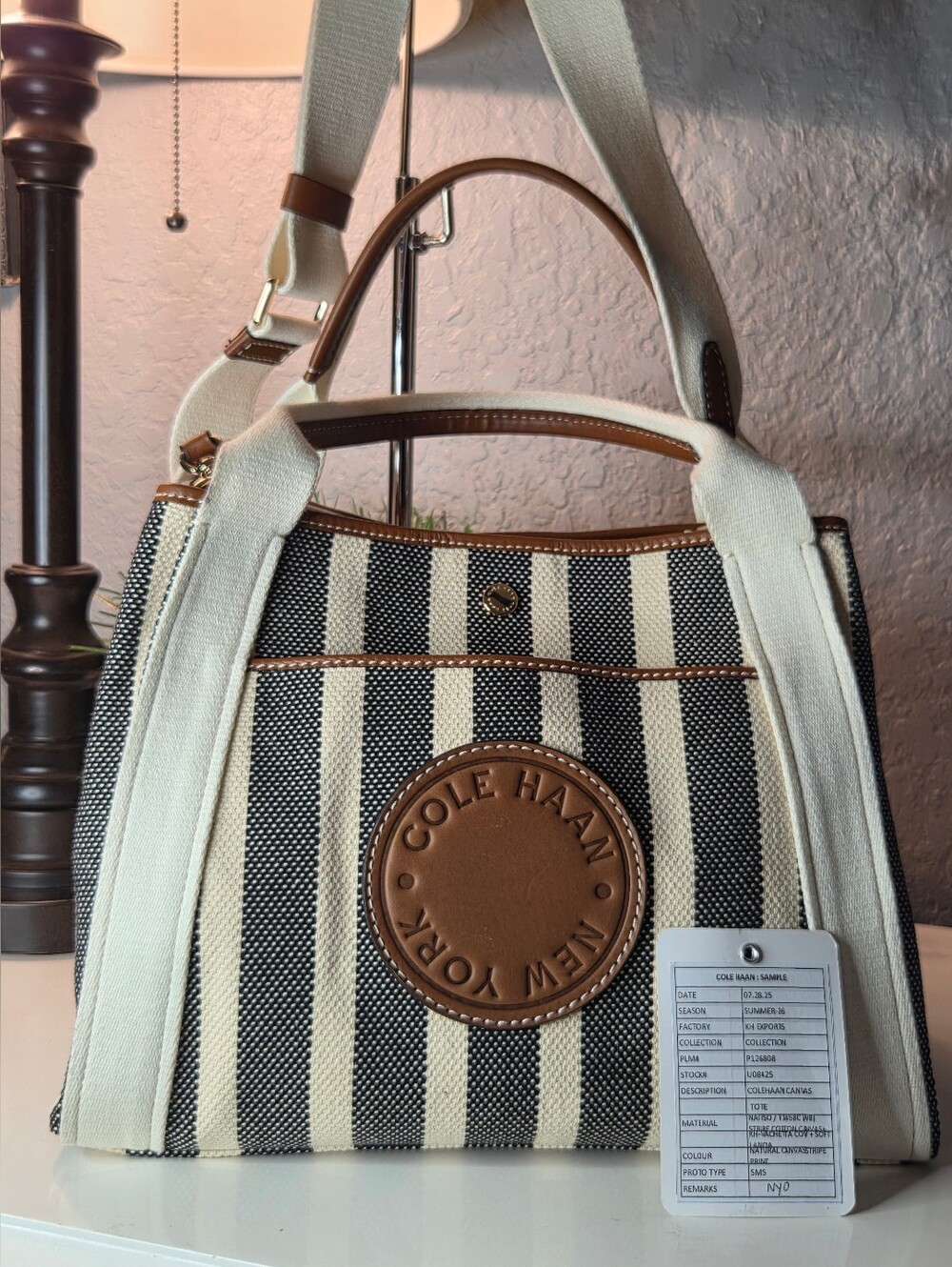 Cole Haan Amagansett Canvas Tote Striped Leather Rare Factory Sample